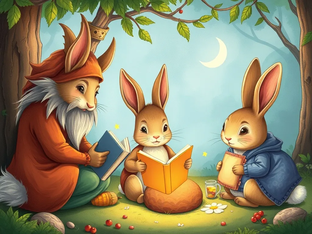 The Whisper-Keeper's Circle - Forest spirit and three rabbits preparing cozy reading circle together
