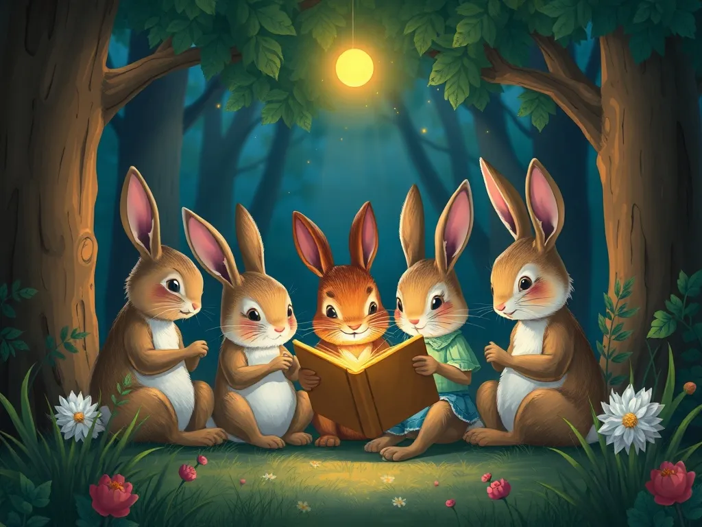 The Whisper-Keeper's Circle - Four rabbits and forest spirit reading together by firefly light