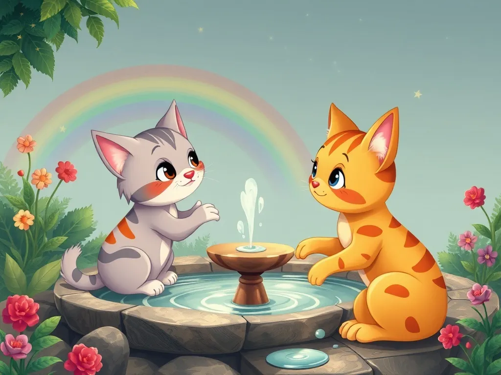 The Whispering Elf and the Rainbow Cat Council - Rainbow cat Luna meeting Pip at fountain