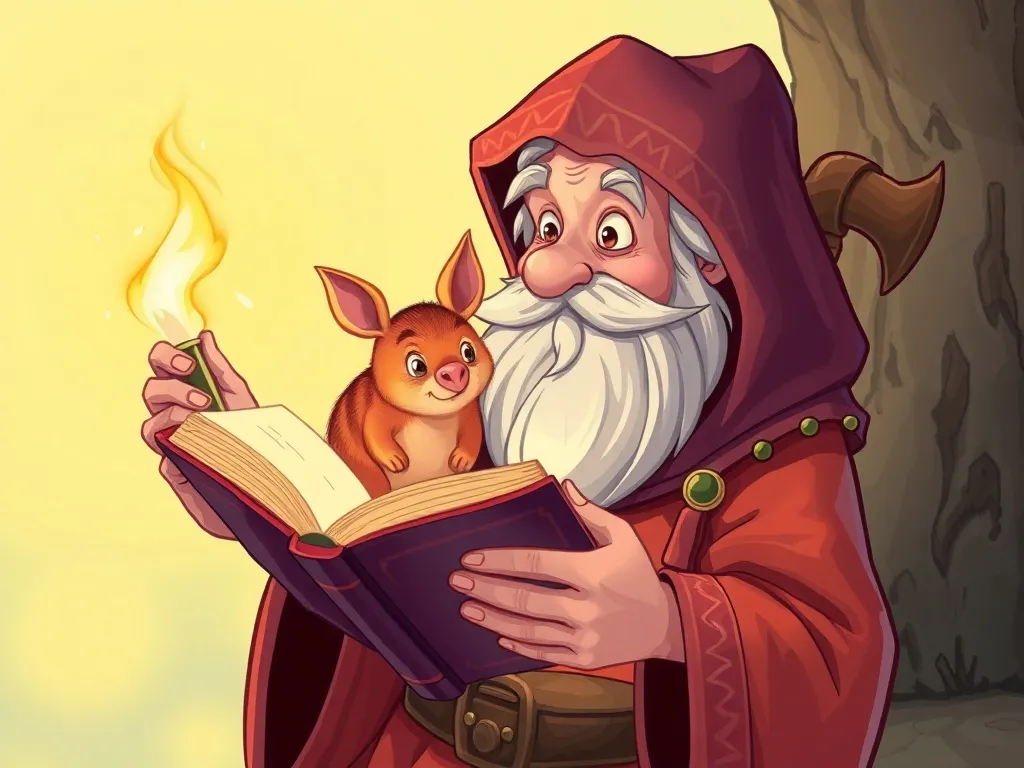 The Whispering Elf and the Rainbow Cat Council - Elder sharing ancient spell book with Pip