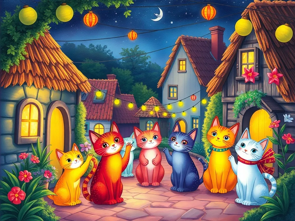The Whispering Elf and the Rainbow Cat Council - Village celebration with glowing Rainbow Cats