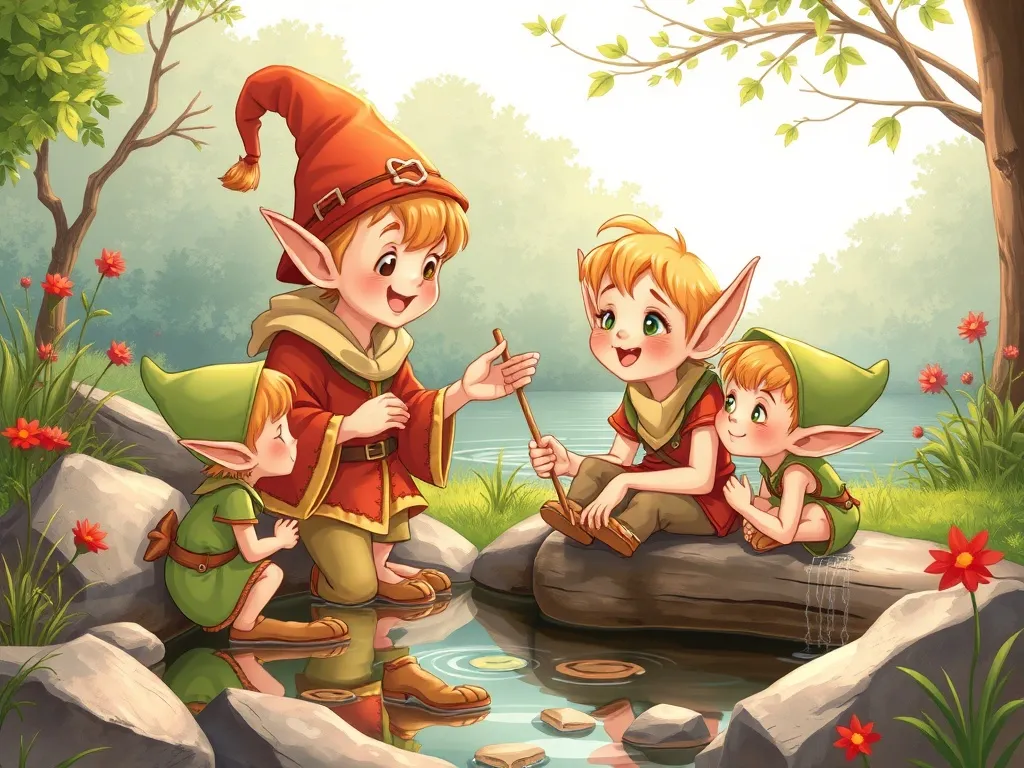 The Whispering Elf and the Rainbow Cat Council - Pip teaching young elves by the pond