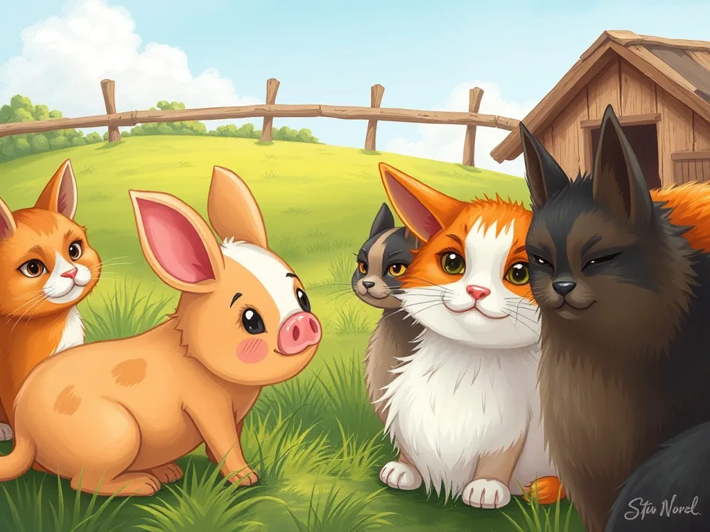 The Whispering Elf of Sunflower Farm - Pip peeking nervously at grumpy barn cats