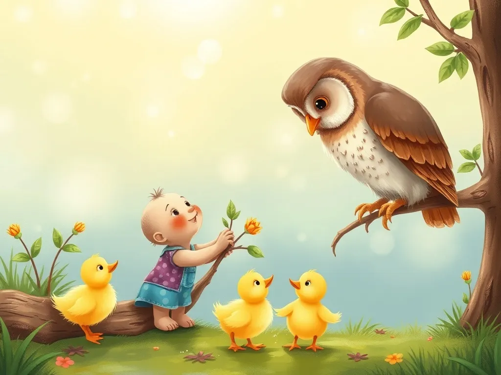 The Whispering Elf of Sunflower Farm - Pip helping owl remove thorn while ducklings watch
