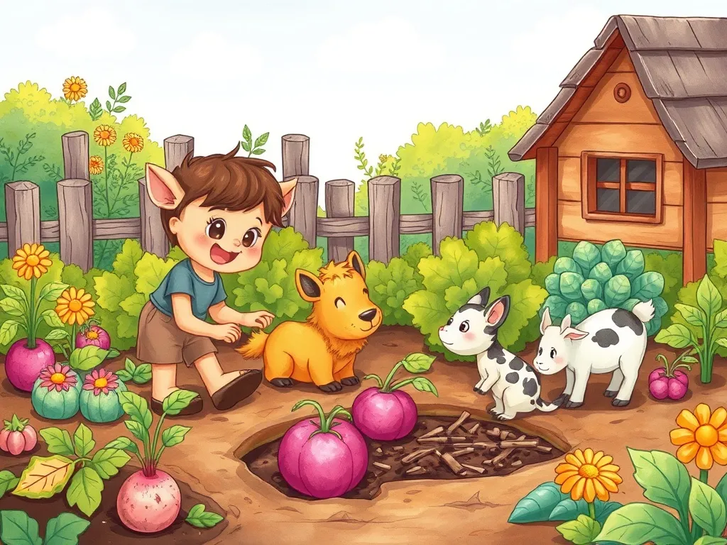 The Whispering Elf of Sunflower Farm - Pip and animals working together in garden