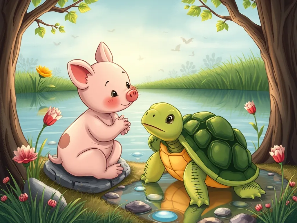 The Whispering Elf of Sunflower Farm - Pip and turtle having heart-to-heart by pond