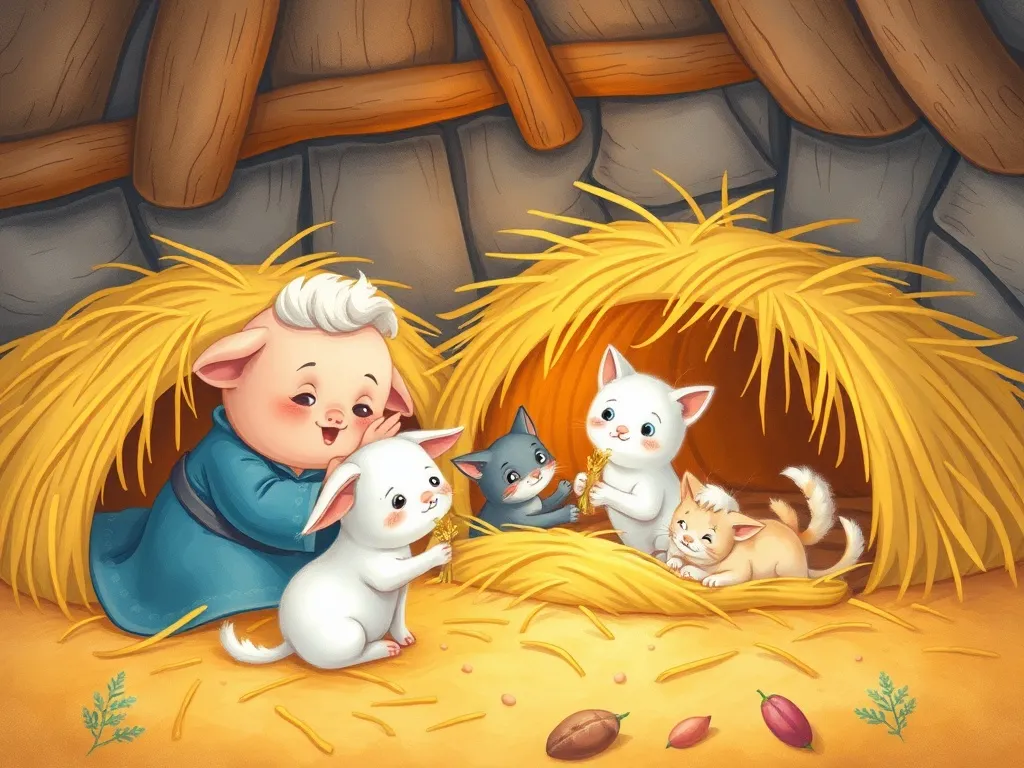 The Whispering Elf of Sunflower Farm - Pip and cats creating cozy hay beds