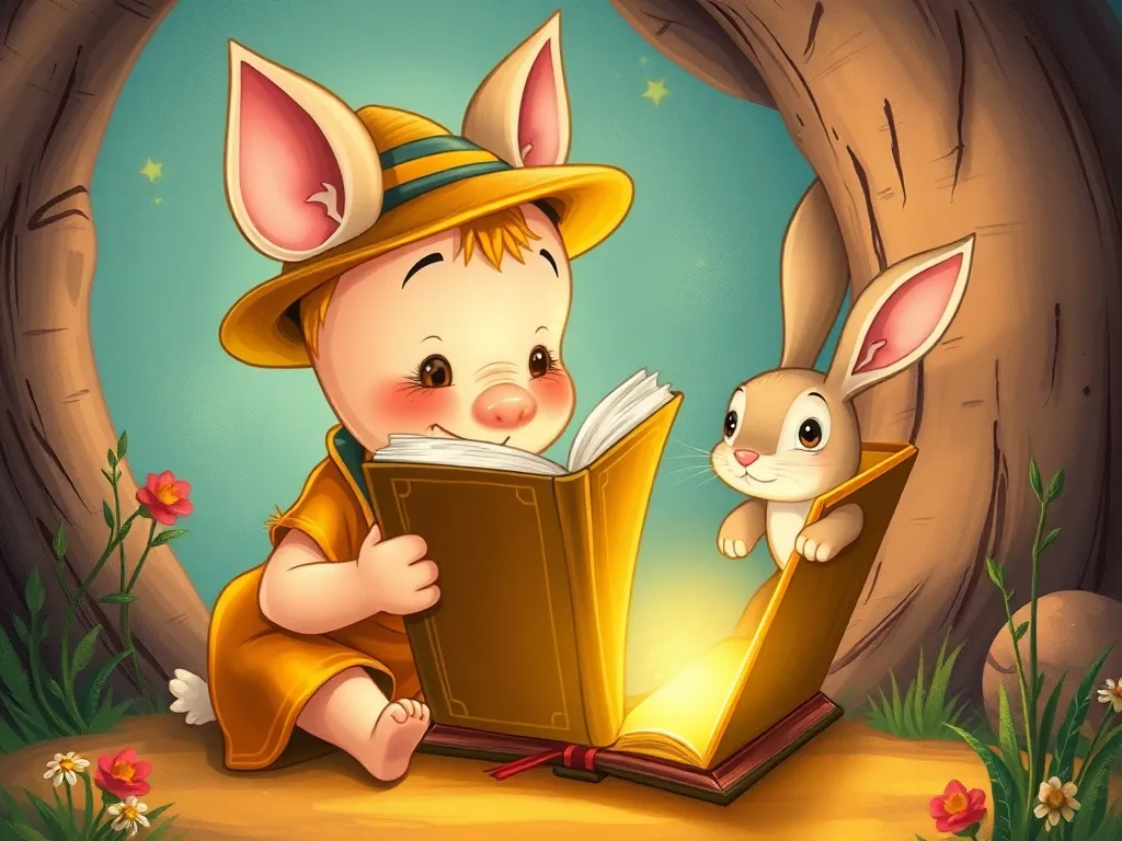 The Whispering Library - Pip examining mysterious golden book with rabbit