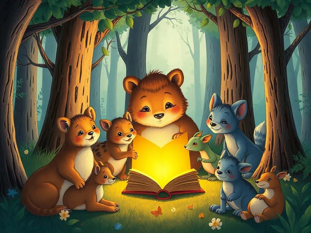 The Whispering Library - Forest creatures gathering around glowing book