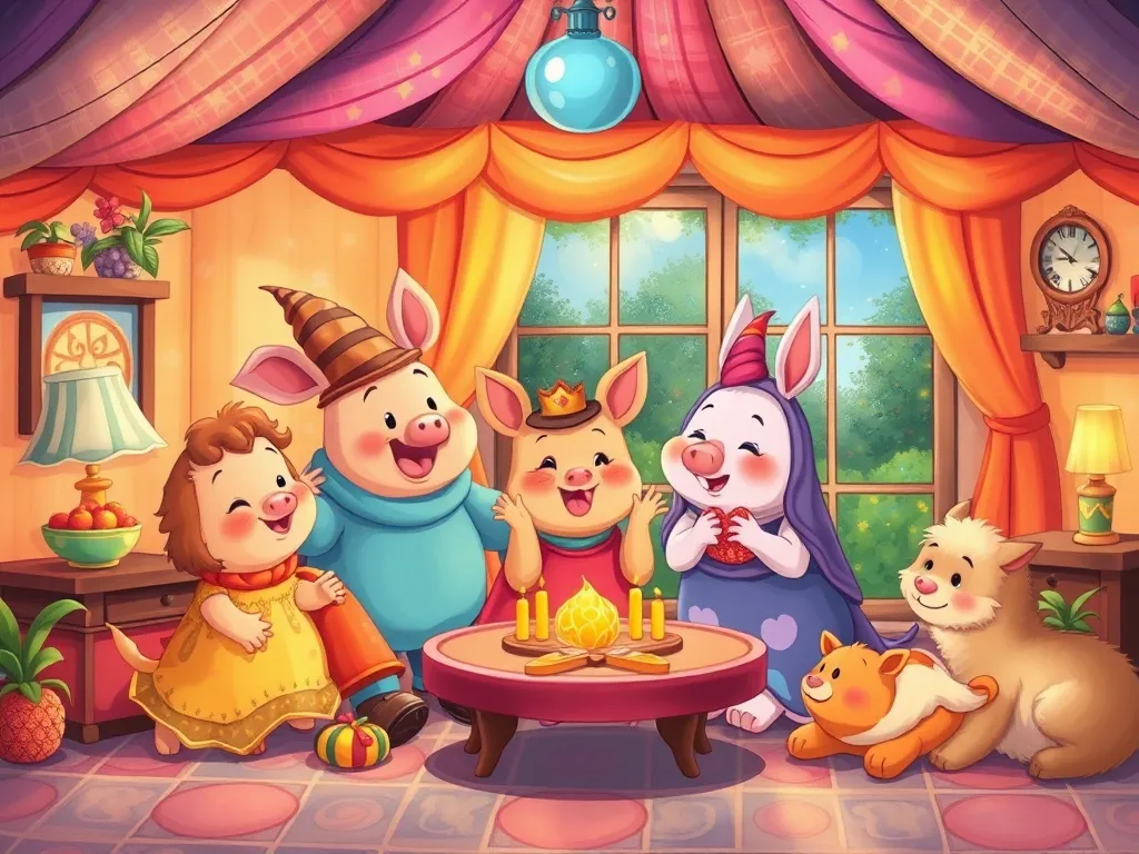 The Whispering Library - Pip and friends celebrating in magical room