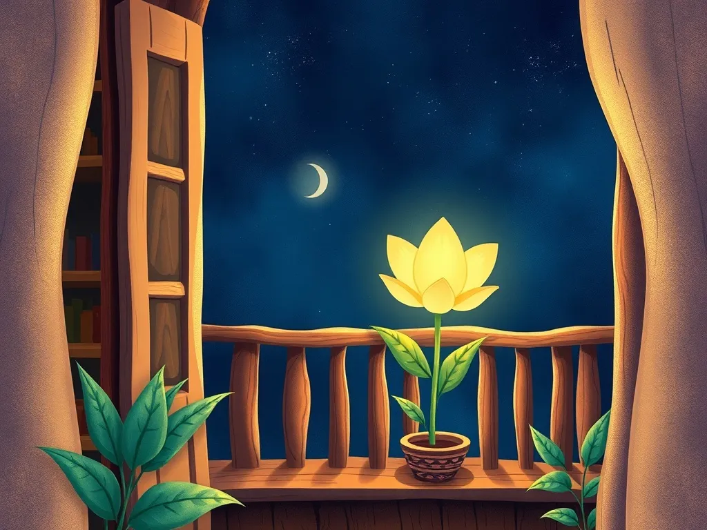 The Whispers of Wildflower Woods - Mysterious glowing flower on wooden balcony