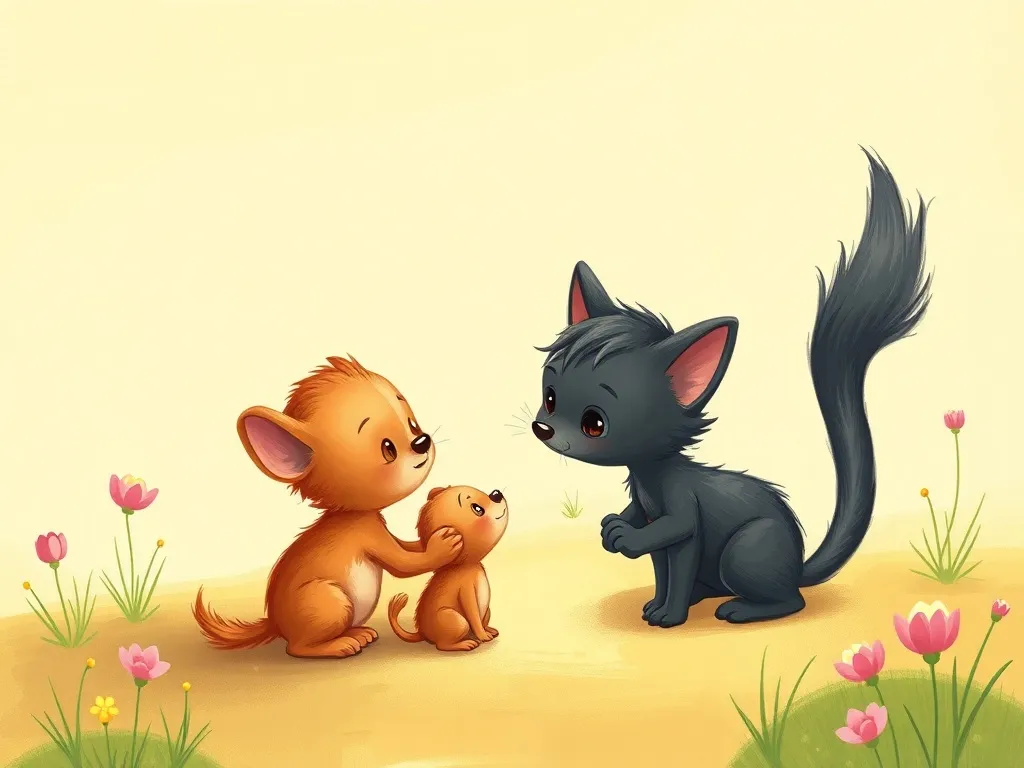 The Whispers of Wildflower Woods - Shadow-Whisker speaking gently to tiny Pip