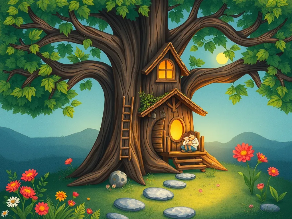 The Whispers of Wildflower Woods - Tree house gathering around glowing flower