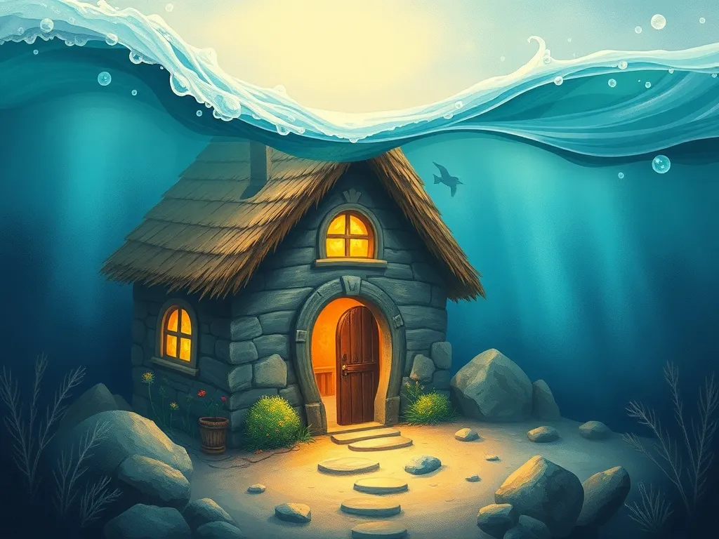 The Wise Owl and the Shy Mermaid Squad - Cottage with underwater door glowing beneath waves