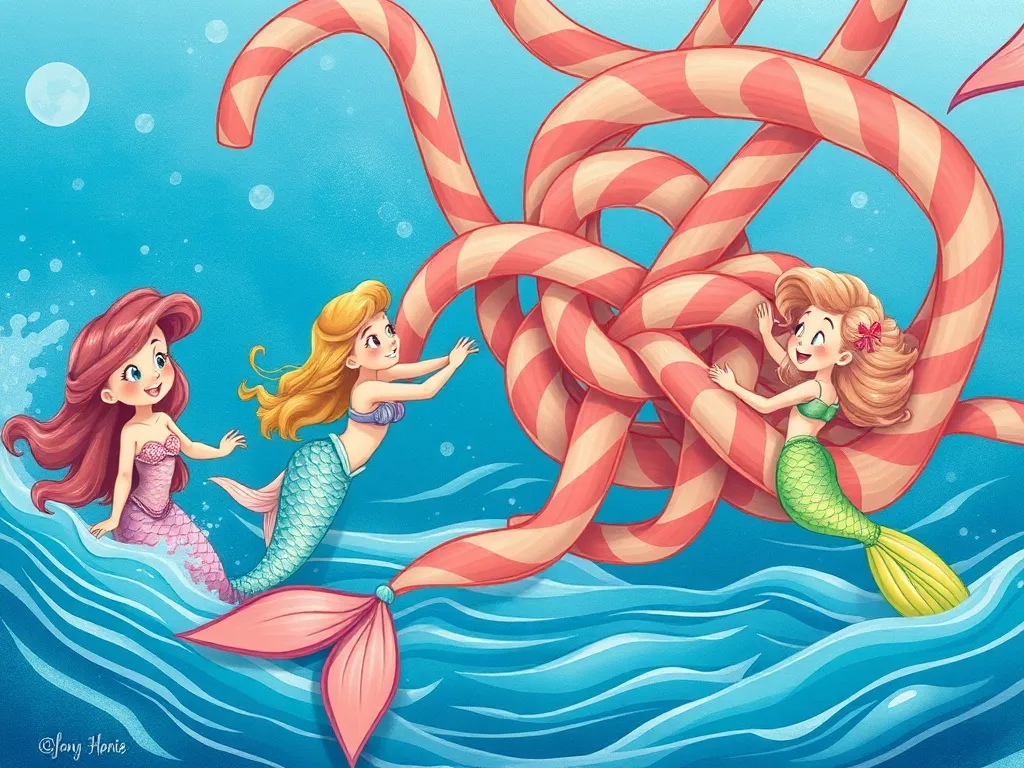 The Wise Owl and the Shy Mermaid Squad - Mermaids struggling with giant ribbon knot