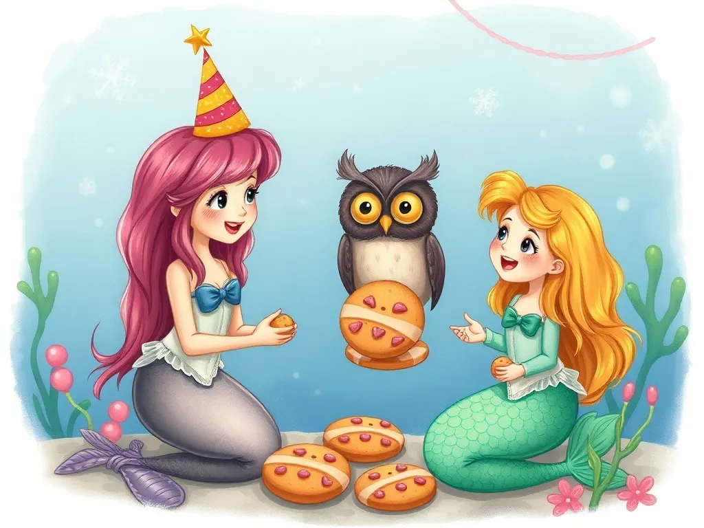 The Wise Owl and the Shy Mermaid Squad - Mermaids and owl sharing celebratory seaweed cookies