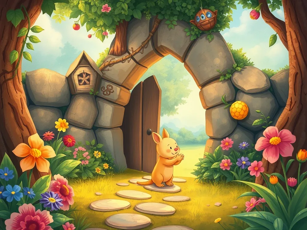 The Wise Owl&#x27;s Garden of Sharing - Pip discovering the enchanted garden gateway
