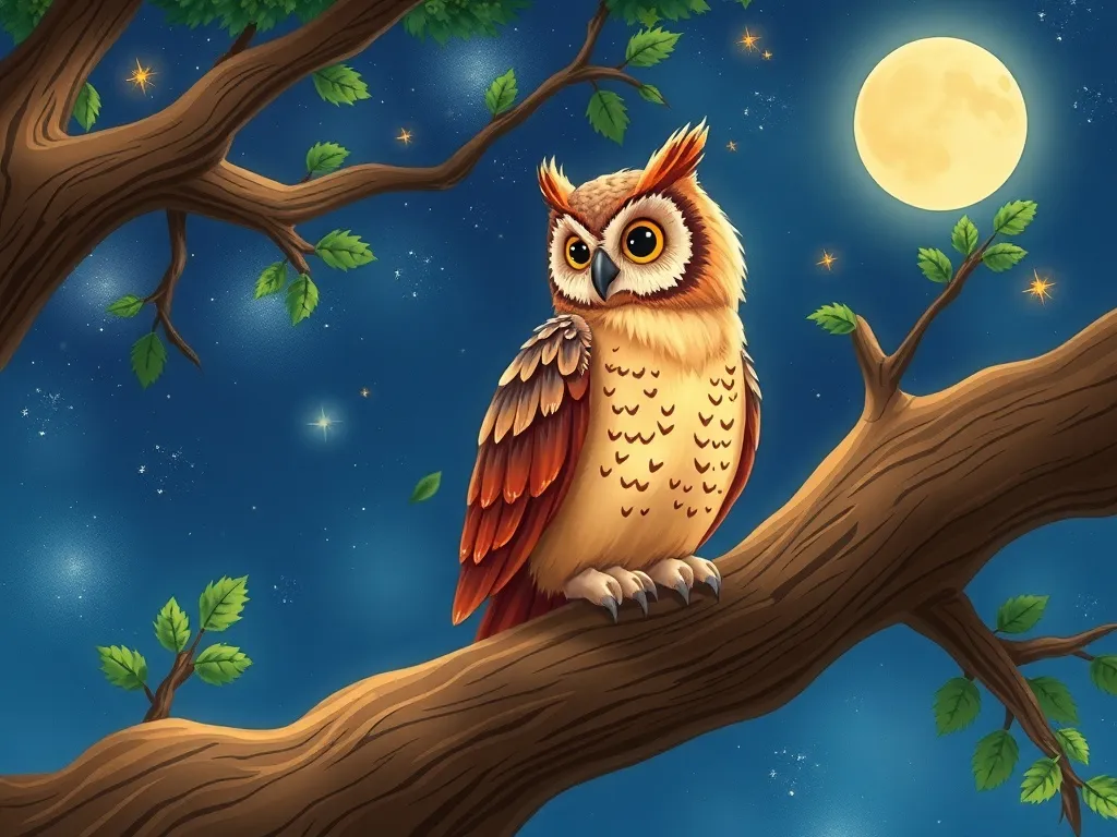 The Wise Owl's Garden of Sharing - Aurora the owl watching from her oak branch