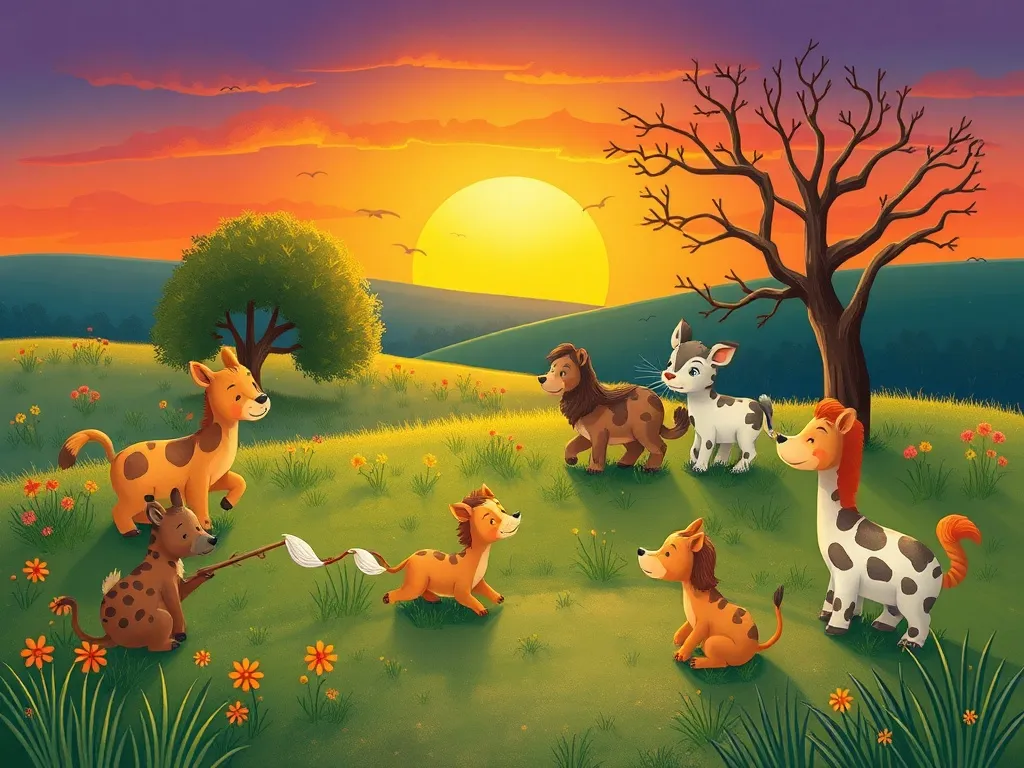 The Wise Owl&#x27;s Garden of Sharing - All the animals playing together at sunset