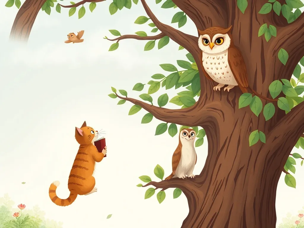 The Wise Owl's Moonlit Library - Cat climbing tree to meet owl librarian