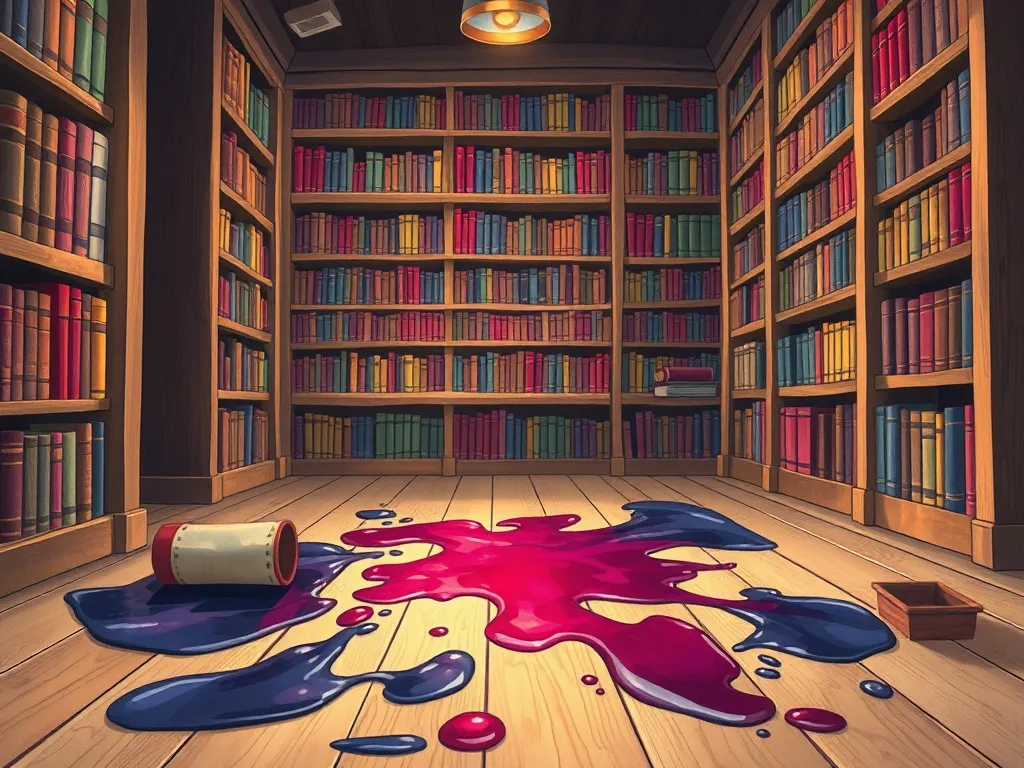 The Wise Owl's Moonlit Library - Spilled ink spreading across library floor