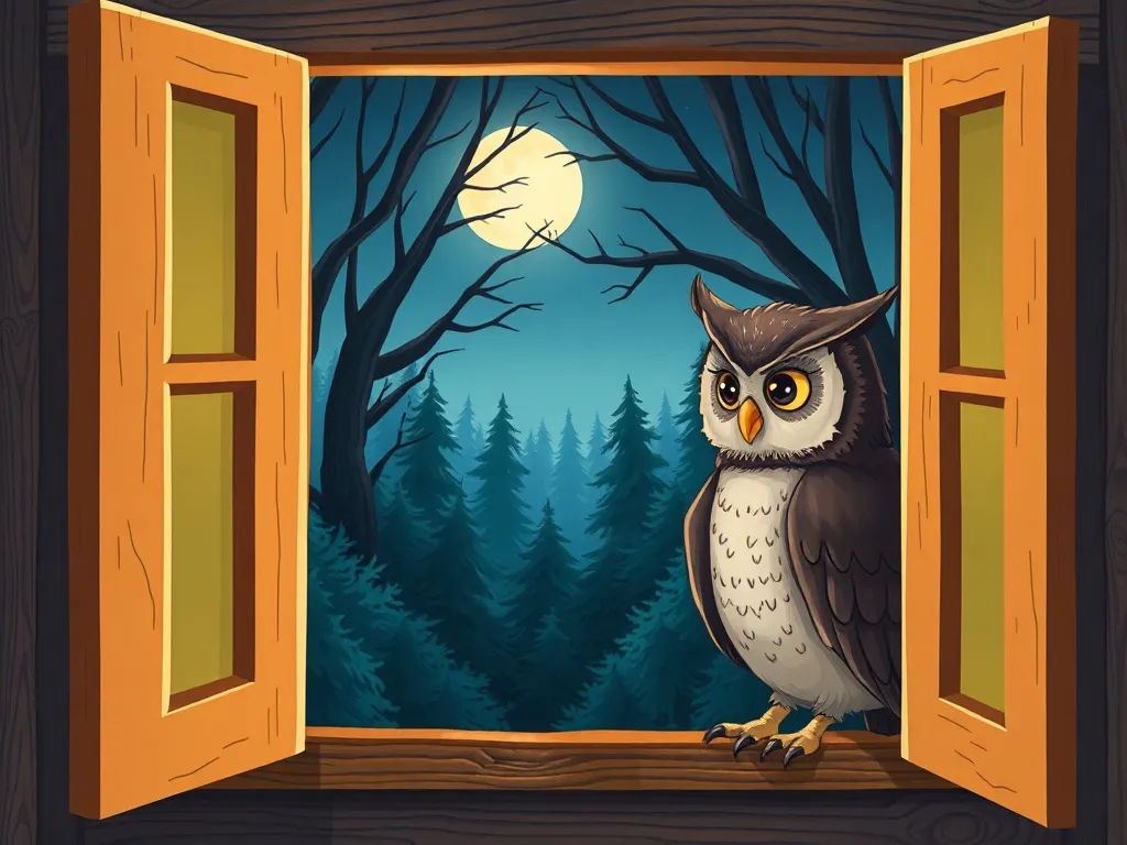 The Wise Owl's Moonlit Library - Quiet owl looking out window at moonlit forest