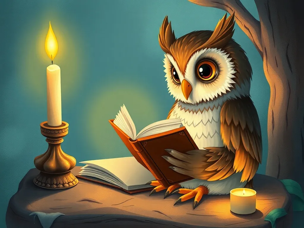 The Wise Owl's Moonlit Library - Owl reading old diary by candlelight