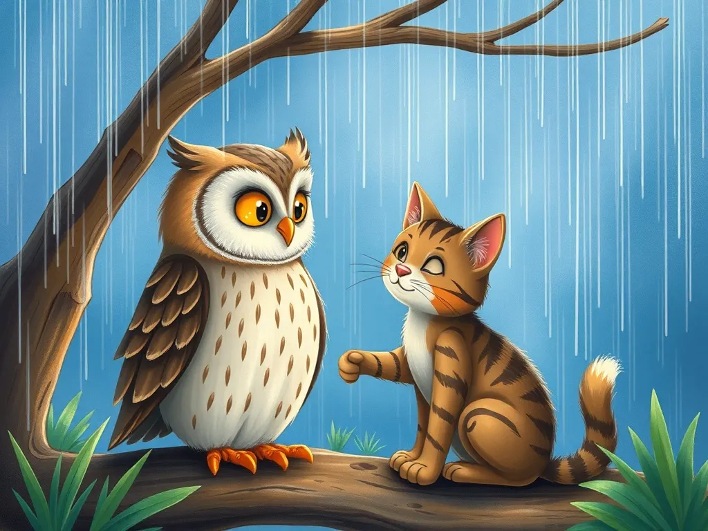 The Wise Owl's Moonlit Library - Owl and cat reuniting in rain