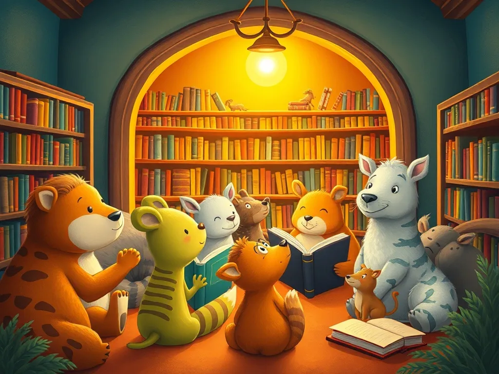 The Wise Owl's Moonlit Library - Animals gathered for storytime in glowing library