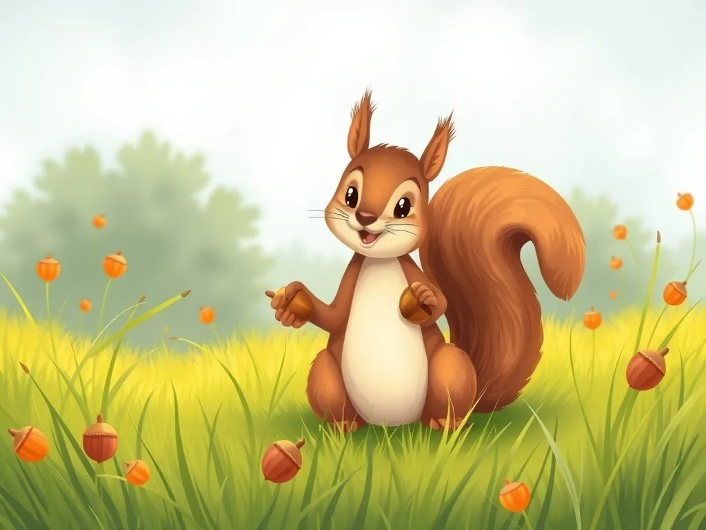 The Wise Owl's Sharing Circle - Quiet squirrel holding acorns in meadow