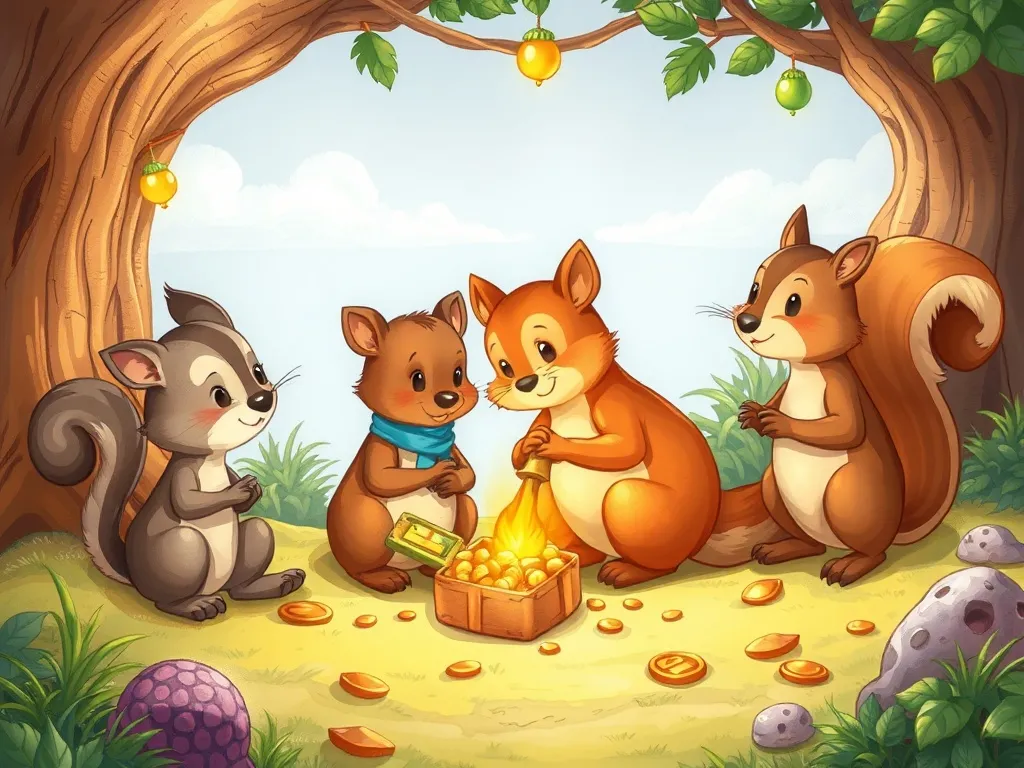 The Wise Owl's Sharing Circle - Animals trading treasures while squirrel watches