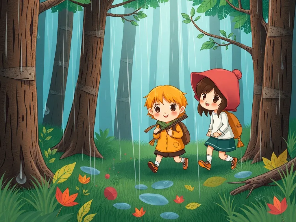 The Wise Owl's Sharing Circle - Forest friends searching together in rain