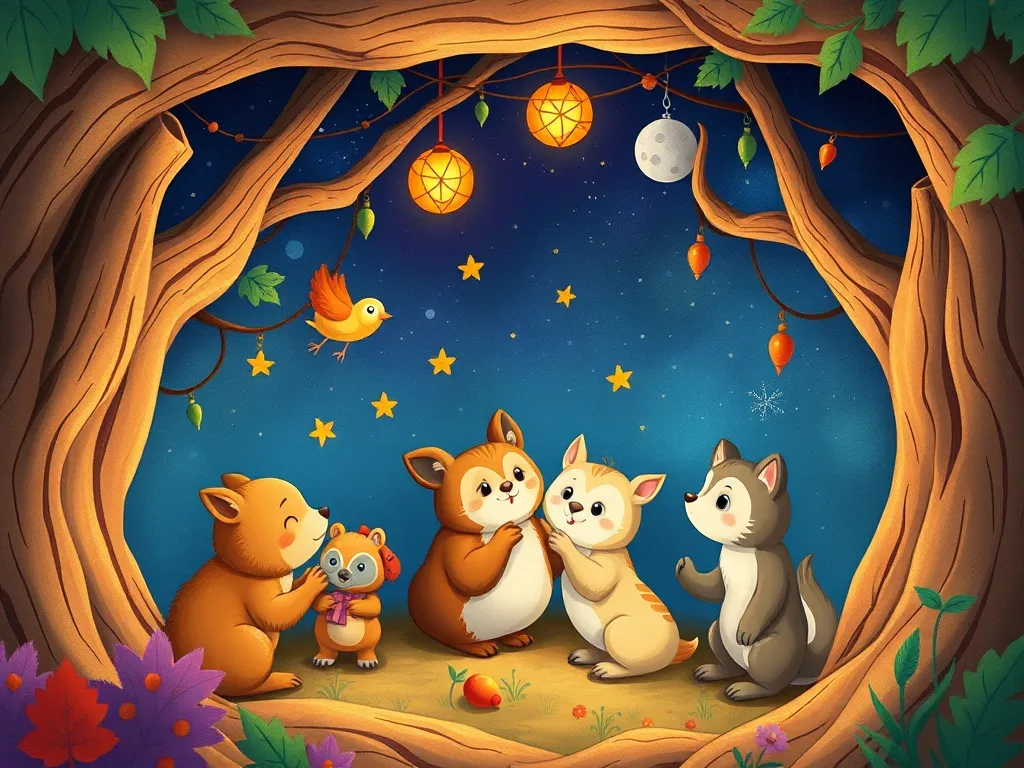The Wise Owl's Sharing Circle - Animals celebrating together in owl's hollow