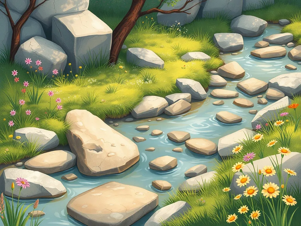 The Wise Stream's Whispers - Peaceful stream with stones and wildflowers