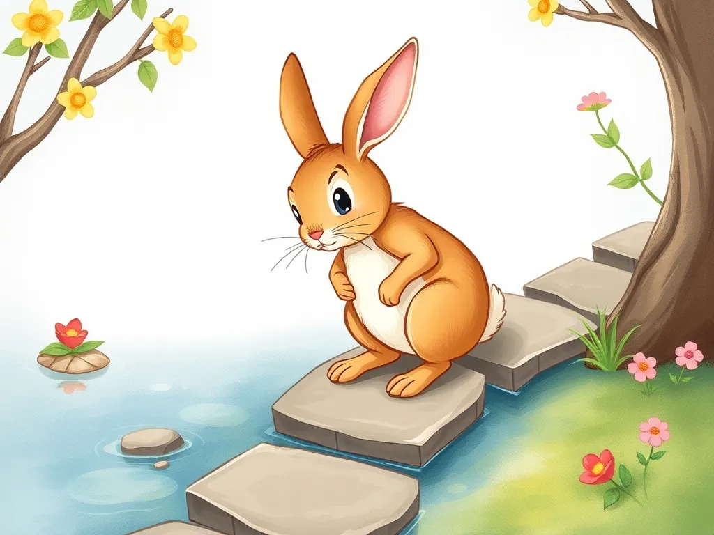 The Wise Stream's Whispers - Rabbit hesitating on stepping stones