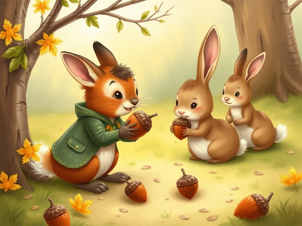 The Wise Wings of Willow Park - Nutkin offering acorns to rabbit family