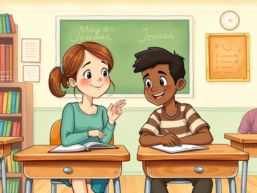 The Yellow House on Maple Street - Maya and Jordan meeting at their classroom desks