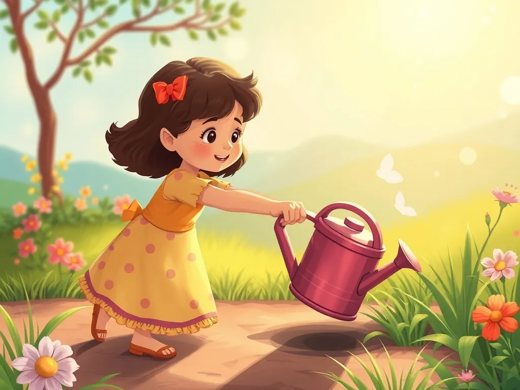 The Yellow House on Maple Street - Maya reaching for the watering can in morning sunlight
