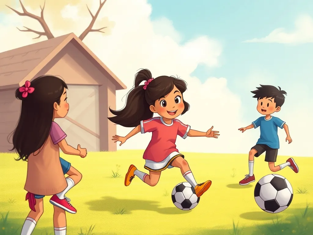 The Yellow House on Maple Street - Maya playing soccer confidently with new friends