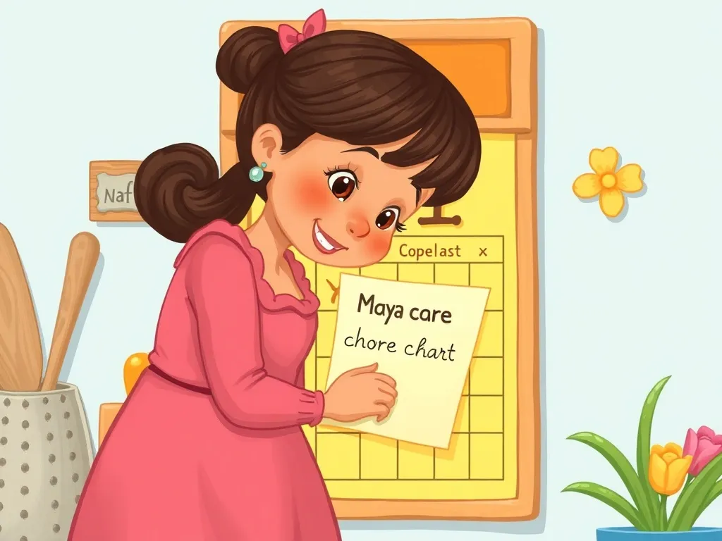 The Yellow House on Maple Street - Maya adding her note to the colorful chore chart