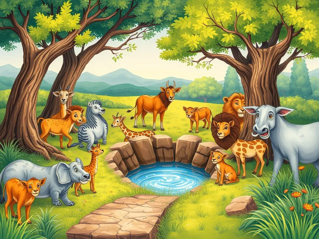 Thumper's Three Lessons of Friendship - Animals gathered around blocked waterhole path