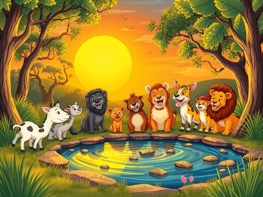 Thumper's Three Lessons of Friendship - Happy animals celebrating at sunset waterhole