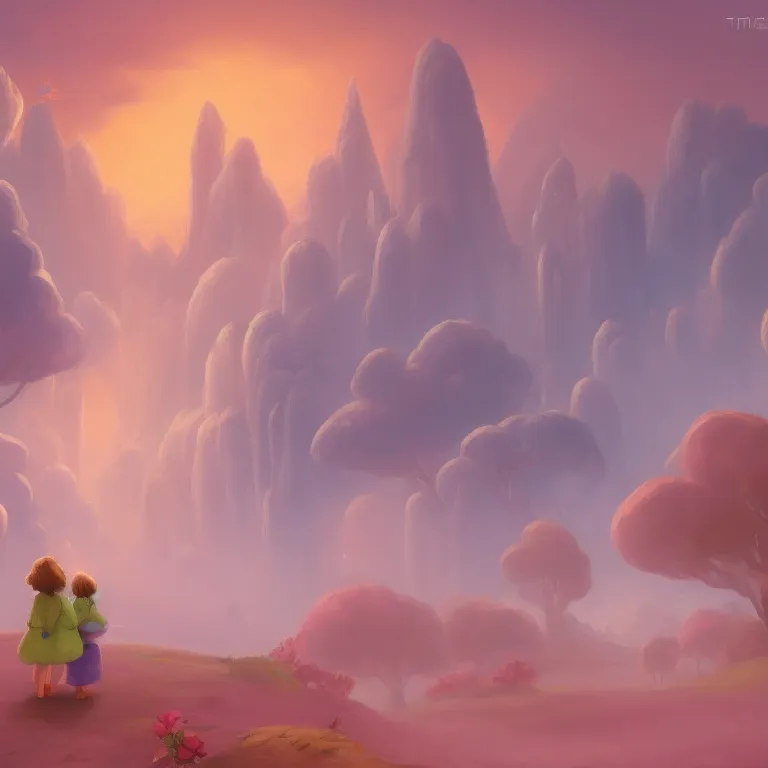 Illustration: Tilly and Max waiting by a signpost on a foggy road