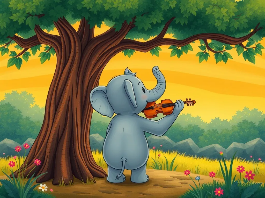 Tumble's Question Garden - Elephant watching orchestra practice from behind tree