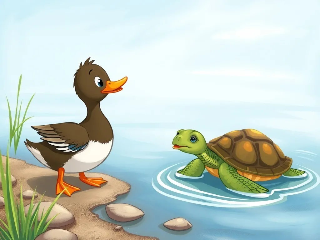 Waddles and the Forest Friend - Surprised duck meeting nervous turtle on shore