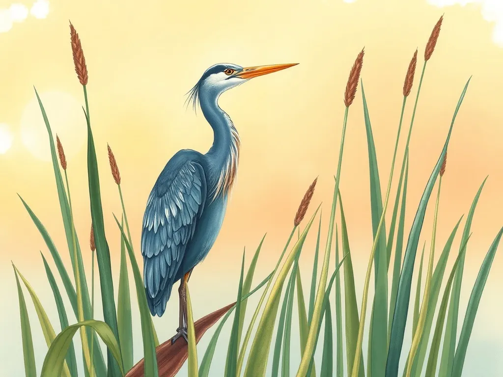 Waddles and the Forest Friend - Wise blue heron observing from tall reeds