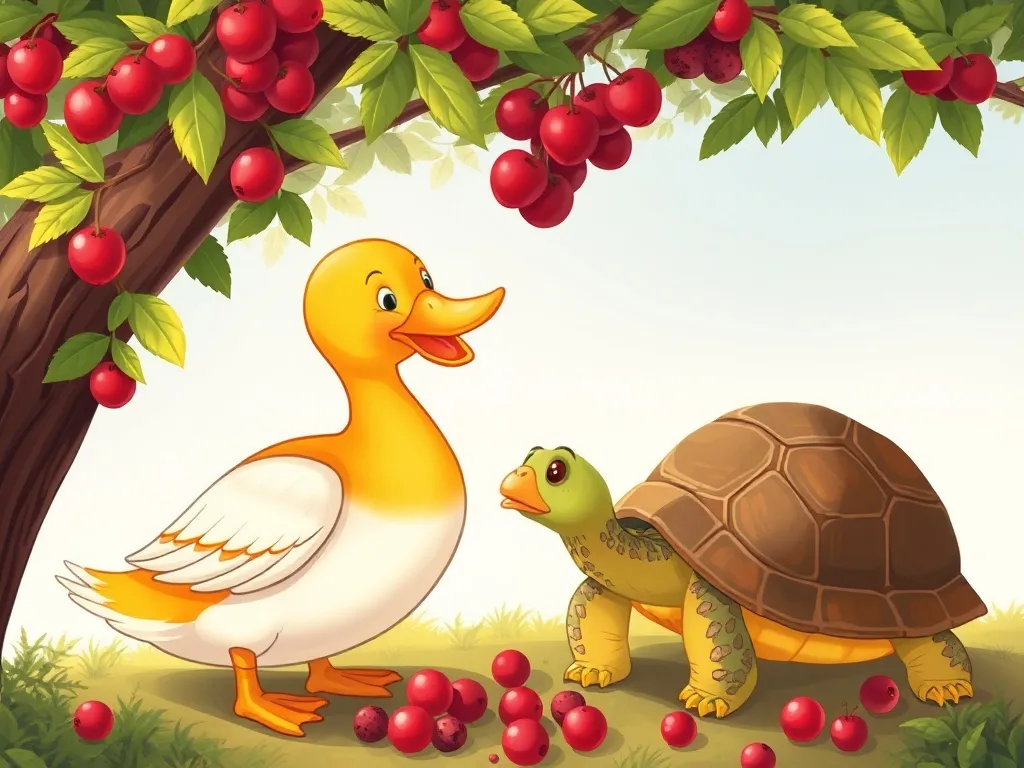 Waddles and the Forest Friend - Duck and turtle sharing berries under tree
