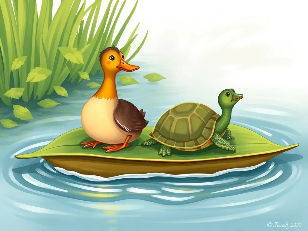 Waddles and the Forest Friend - Duck and turtle on homemade leaf raft