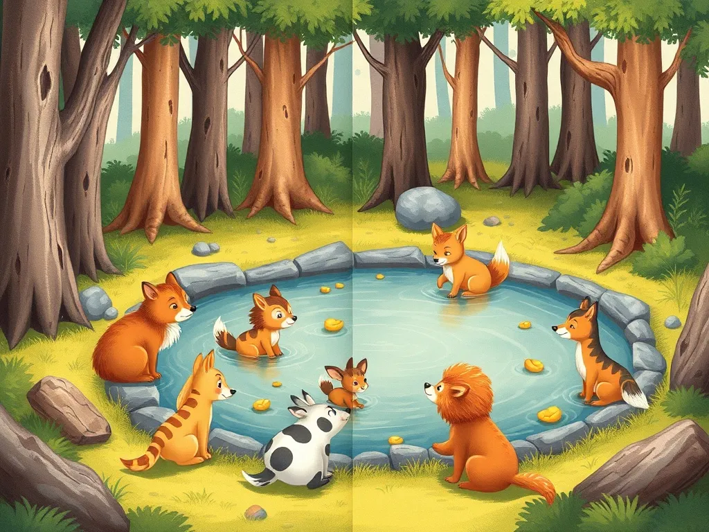 Waddles and the Forest Friend - Forest animals gathered around pond, playing together