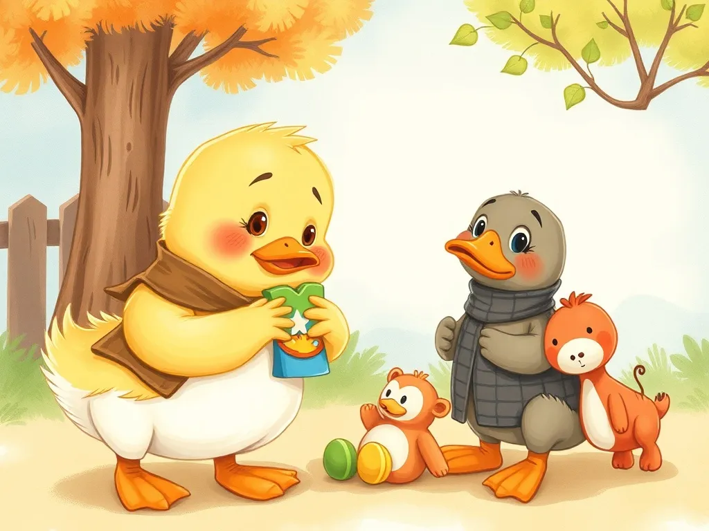 Waddles and the Sharing Garden - Waddles hugging toys while Hopscotch looks disappointed